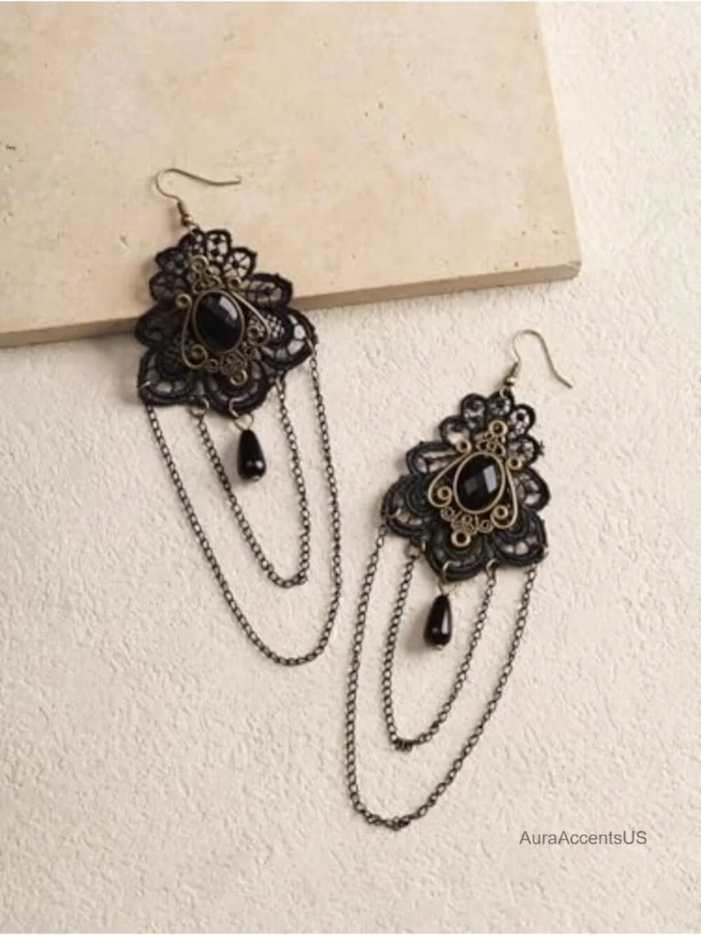 Gothic Victorian Black Floral Lace Teardrop Statement Earrings Drop Dangle